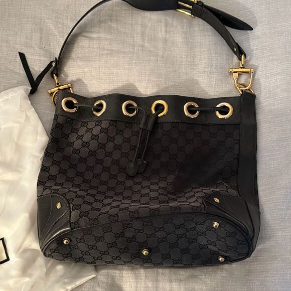 Gucci Handbags - Gucci Monogram Drawstring Shoulder Bucket Bag Black